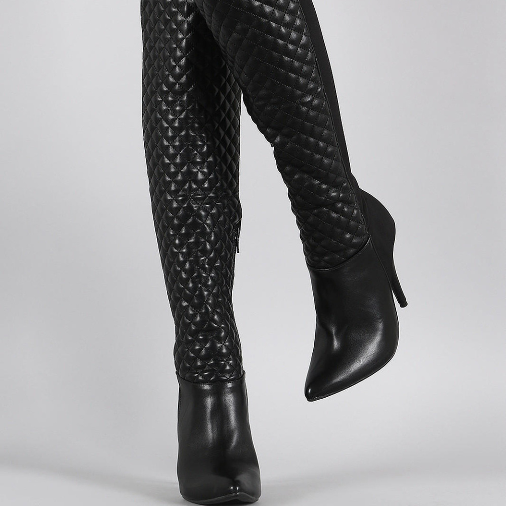 Black Stretchy Knee High Quited Leather-Like Boots